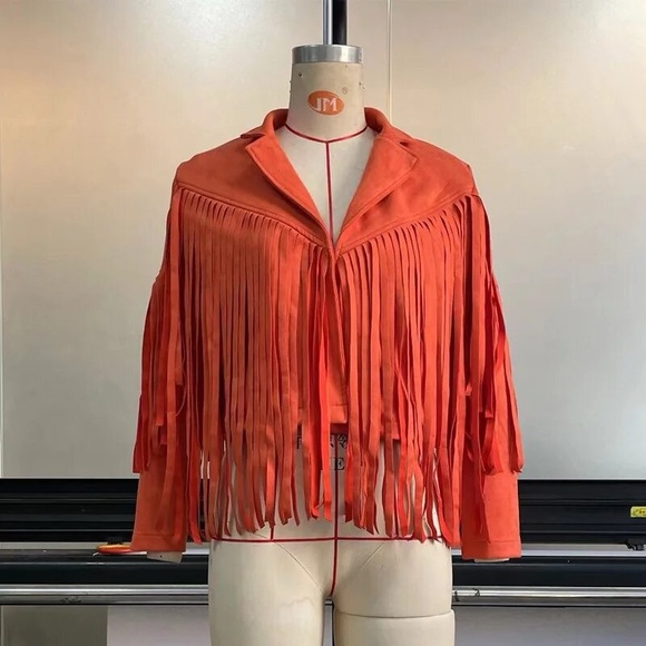 Orange Boho Tassel faux suede women fringe jacket long sleeve jacket - Picture 9 of 11